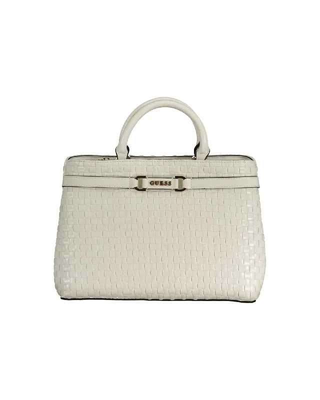 Women's Chain Satchel Handbag White Woven Faux Leather Satchel Handbag Chain Satchel Handbag with Magnetic Closure